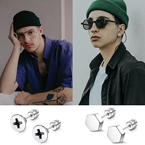Fibo Steel 6 Pairs Titanium Steel Screw Back Earrings For Women Men, Surgical Stainless Steel Cz Stud Earrings Sleep Hypoallergenic Earring For Sensitive Ears Silver #TOP3