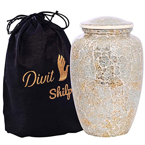 Divit Shilp Einäscherungsurne für menschliche Asche mit Samt Beutel, für Erwachsene bis 100 kg. (White Mosaic, Adult)