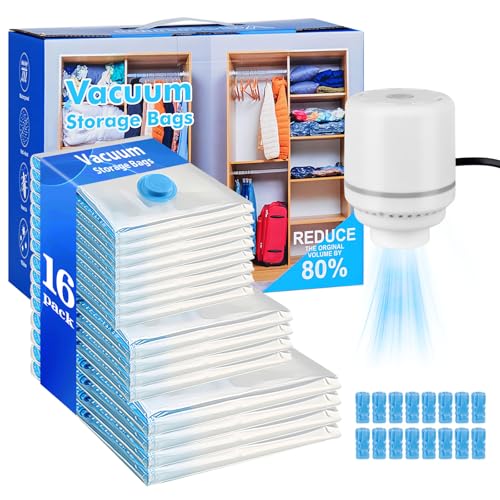 Jubaopen 17 PCS Sac de Rangement Sous Vide Réutilisable Housse de Rangement avec Pompe à air électrique Sac de Rangement Sous Vide Aspirateur Sac de Compression pour Vêtements Couette Literie Valise