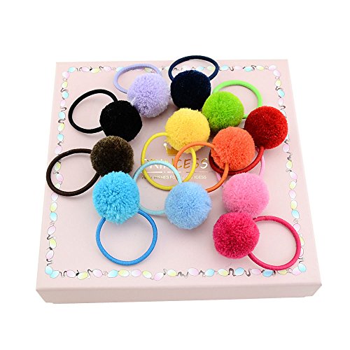 Hair Bows for Girls Ponytail Holder, 1 Inch Kids Cute Headwear Fur Ball with Elastic Band Ribbon Accessories Headband DIY 12Pcs
