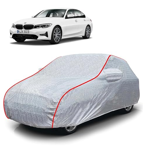 Image of Sulfar 100% Waterproof Car Body Cover Compatible with Mirror for BMW 3 Series (Triple Stitched, Full Bottom Elastic, Magic Silver with Red Piping)