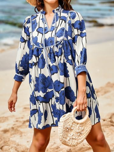 Image of Cicy Bell Womens Floral Mini Dresses 3 /4 Balloon Sleeve V Neck Flowy Babydoll Dress Summer Beach Vacation Boho Outfits