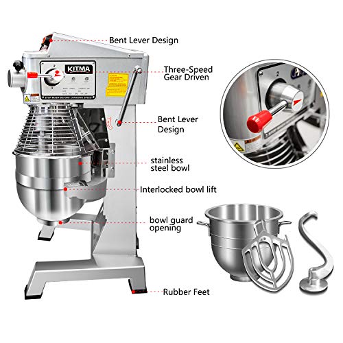 KITMA 30 Quart Heavy Duty Floor Mixer - 3 Speeds Commercial Food Mixer with Stainless Steel Bowl, Dough Hooks, Whisk, Beater, Safety Guard - Thumbnail 6
