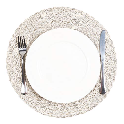 Image of SHACOS Round Braided Placemats 15 inch Set of 6 Boho Thick Washable Kitchen Table Placemats for Home Wedding Party (T-Ivory, 6)