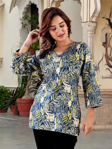 Image of Women's Cotton Printed Short Kurti, Round Neck, Three Quarter Sleeve, Straight Fit, Pack of 2