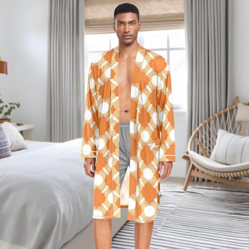 Men’s Robe Orange Pattern Print, Long Sleeve Bathrobe for Sleep Shower-M3