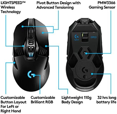 Logitech G903 LIGHTSPEED Wireless Gaming Mouse, 12,000 DPI, RGB, Lightweight, 7 to 11 Programmable Buttons, Long Battery Life, Compatible with PC / Mac - Black (German Packaging)