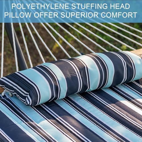 Image of Lazy Daze Hammocks 12 FT Quilted Fabric Double Hammock with Spreader Bars, Detachable Pillow and Carabiners, 450lbs Weight Capacity, Ocean Blue Stripes