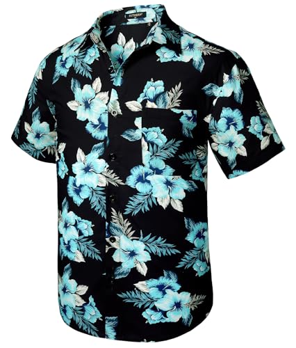 Rithern Camisa Hawaiana Hombre Manga Corta Camisa Verano Casual Playa Fiesta Camisa Flores Impresión Camisa con Botones Negro & Azul L