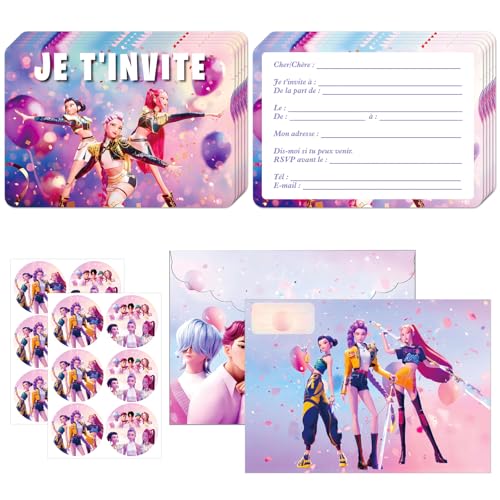 DaengGeGe Français Cartes d'invitation d'anniversaire - Lot de 12 cartes d'invitation d'anniversaire pour enfants - Motifs amusants et colorés avec enveloppes et autocollants(d