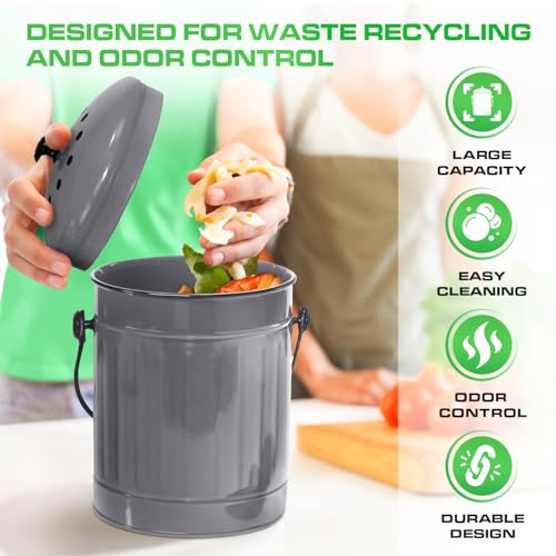 Plexon Countertop Compost Bin Kitchen with Lid, Gray 1.5 Gallon Odorless Container, Steel Food Compost Bucket for Kitchen with Charcoal Filter, Compost Pail for Countertop by Plexon - Image 3