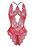 LadyIn Women's Sexy Lingerie One Piece Women Deep V Teddy Floral Lace Bodysuit Babydoll Wine Red