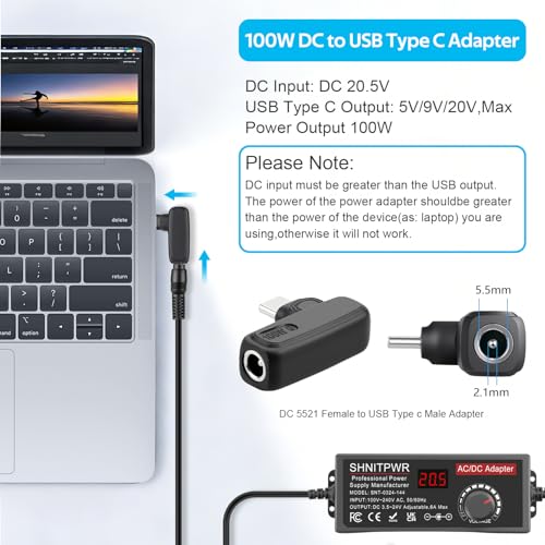 Image of SHNITPWR Adjustable Universal Power Supply DC 4V~24V 3A 5A 6A 144W AC /DC Adapter with USB C Charger PD 100W 100V-240V AC to DC Converter Variable Power Adapter 24V,14 Tips,Alligator Clip Power Cable