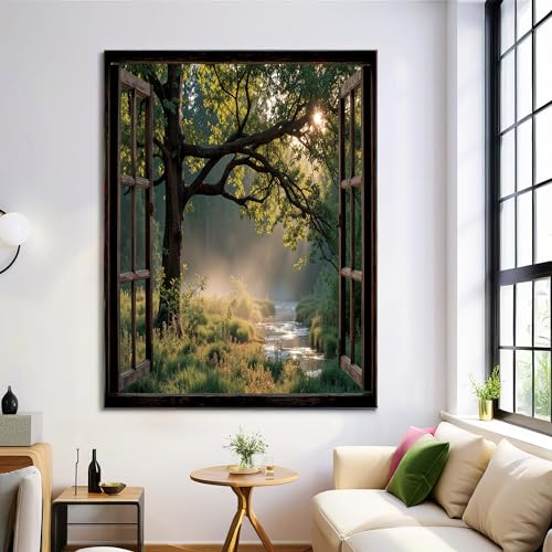 GDJSMIN Cuadros Decoracion Salon Ventanas Con Marco De Madera Realistas, 50×70 cm Grandes Laminas Decorativas Pared Dormitorios, Lienzos Decorativos Pared Robles Altos, Wall Art Comedor Pasillo Baño