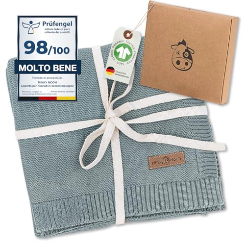 Minky Mooh Coperta per bambini in cotone biologico, Oeko-Tex 100, coperta in maglia, coperta per gattonare e per ragazzi, regalo per nascita e primo equipaggiamento, 94 x 72 cm, blu