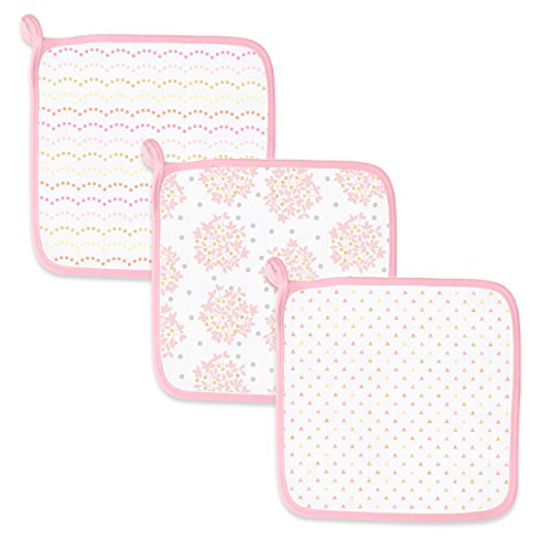 Image of SwaddleDesigns Cotton Muslin Washcloths, Set of 3, Heavenly Floral with Shimmer, Pink