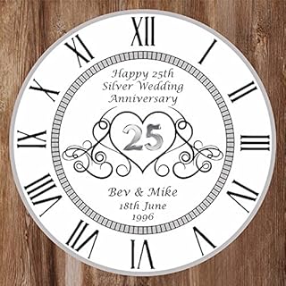 Precision Designs Unique Personalised 25th Silver Wedding Anniversary Clock - Size 30cm Wall Mountable with Roman Numerals