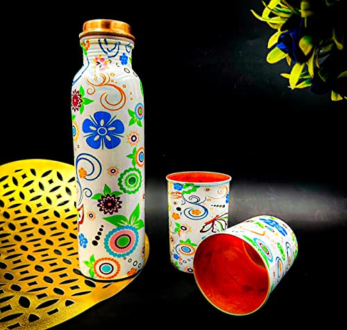 Image of Copper Water Bottle 1 Ltr | Copper Water Bottle with Glass Set | Meena Work | 100% Pure | Leak-Proof | 2 Water Glass 300ml each | Best for Gifting (Meena Printed)