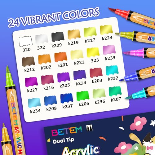 Image of Betem 24 Metallic Paint Markers for Glass, Dual Tip Acrylic Paint Pens