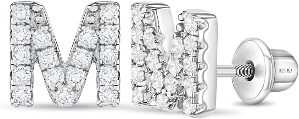 In Season Jewelry Cubic Zirconia Initial Letter Earrings for Girls - 925 Sterling Silver Hypoallergenic Earrings for Girls with Screw Backs - Safe & Comfortable for Toddlers & Kids