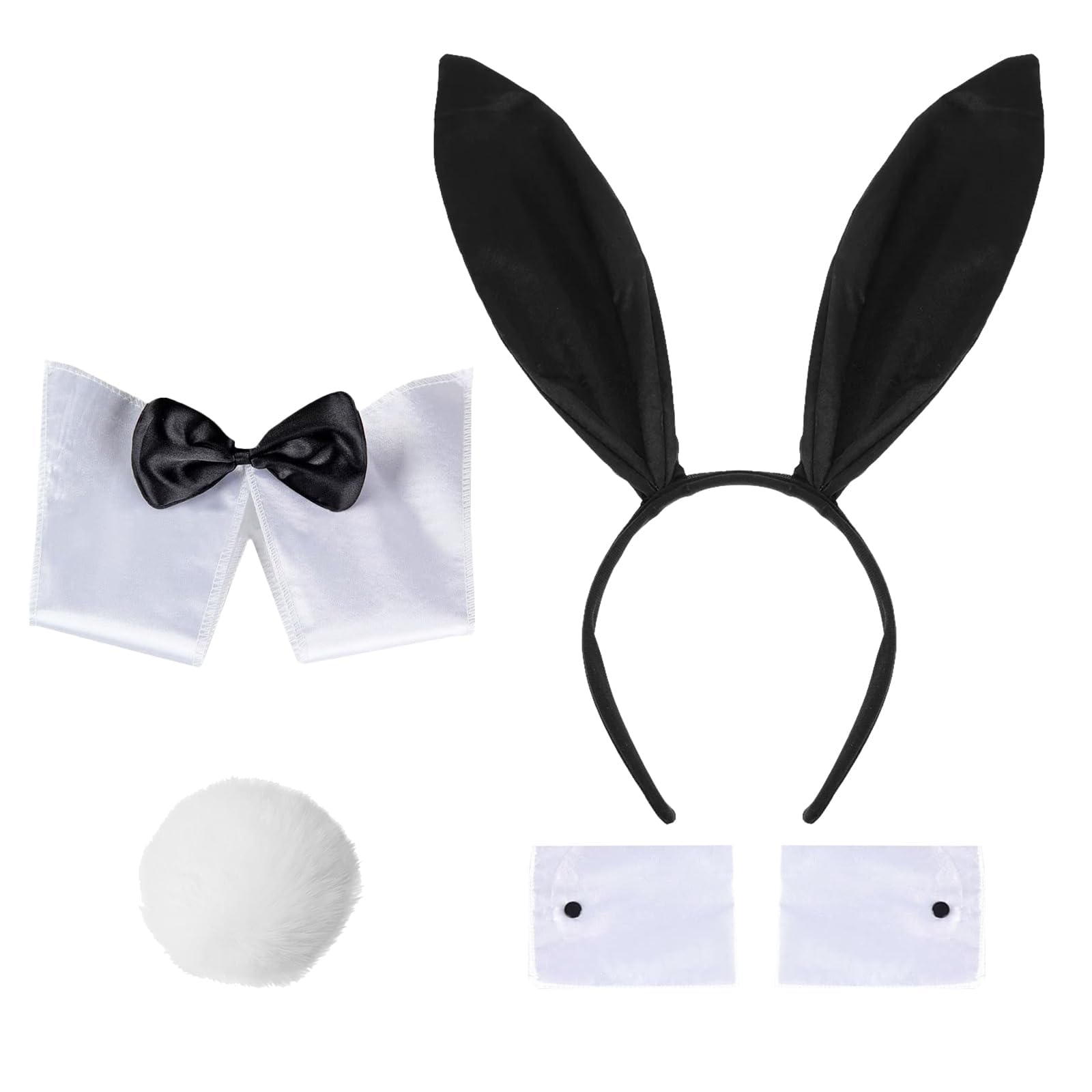 Femihua 5 Pcs Easter Bunny Costume Accessories Set - Bunny Ears Headband, Tail, Cuffs, Collar Bow Tie, Easter Bunny Fancy Dress Costume for Adult Women Men
