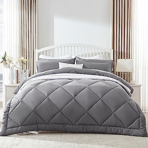 SLEEP ZONE King Size Comforter Duvet Insert, Down Alternative Reversible Comforter, Lightweight, Soft and Breathable Bedding All Season, Diamond Quilting Grey