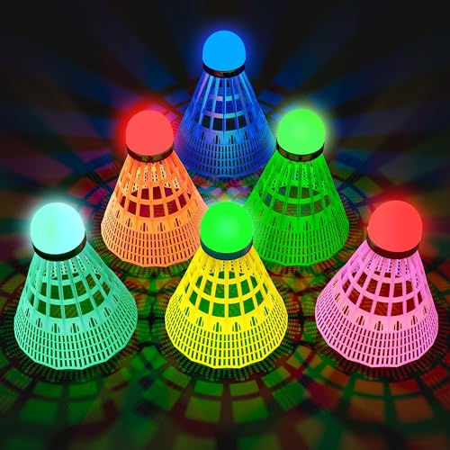 AboveGenius Glow in The Dark Badminton Birdies 6 PCS 360 Nylon LED Badminton Shuttlecocks for Family Backyards Practice Long Lasting Light Up Birdie Balls Set for Indoor Outdoor Sports Activities