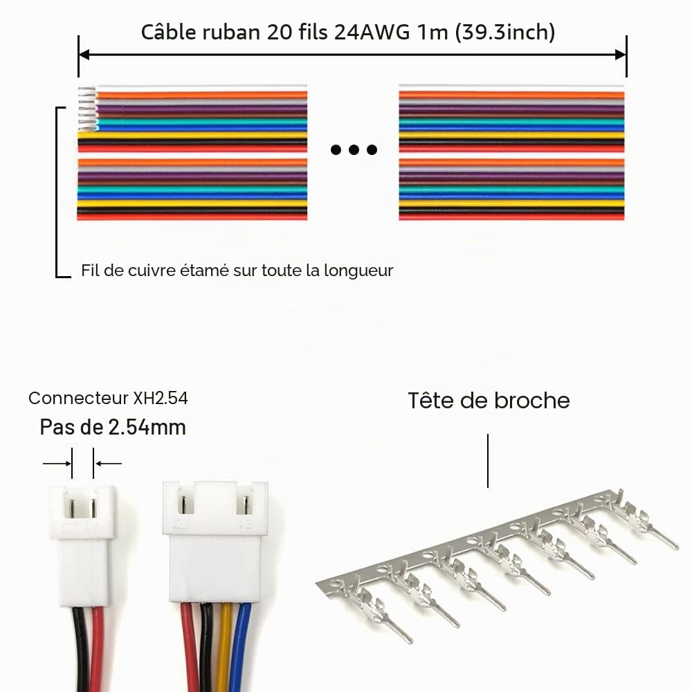 Connecteurs 2,54 mm Prise Pin Header et Câbles Ruban Kit Compatible avec Connecteur JST-XH 2/3/4/5/6/7/8 Boîtier Mâle Pin