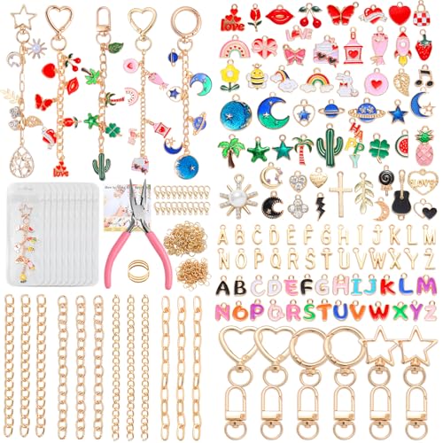 Riwiuue 352Pcs Lip Gloss Keychain Making Kit DIY Charms Key Chain Making Kit with Bag Charm Supplies Pendant Jump Ring Crab Clip Pliers Gift Bag & Tools for Mothers Day Party Gifts