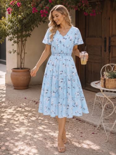 Image of Bridesmay Women's Summer Floral Midi Dress V Neck Short Sleeve A-Line Casual Beach Vacation Dresses Flowy