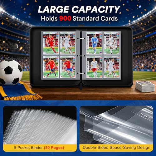 Image of Kabinka 4-Pocket Soccer Card Binder, 2025-2026 Soccer Trading Cards Binder Fits 400 Cards with 50 Removable Double-Sided Sleeves, Waterproof PU Card Albums for Soccer Fans