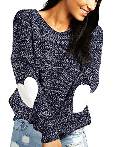 shermie hermie Women's cute Heart Pattern Patchwork Long Sleeve Round Neck Knits Sweater Pullover Navy M