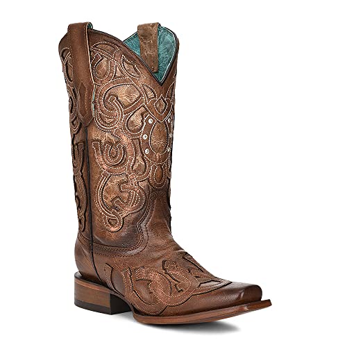 Corral Ladies Ld Brown Horseshoe Overlay & Embroidery & Crystals Sq. Toe, Square Toe, Leather Sole, 11