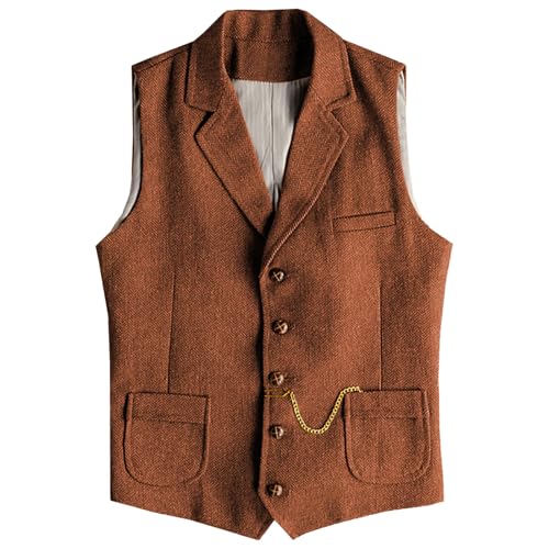 Mens Casual Vests Herringbone Tweed Waistcoat Vintage V-Neck Retro Wedding Travel Workwear Vest with Pockets