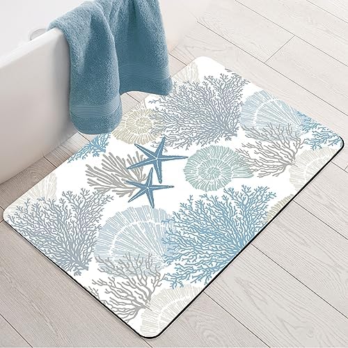 Nautical Coastal Bath Mat Starfish Seashell Coral Reef