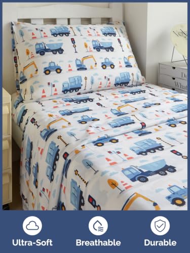 Image of Kids Twin Size Truck Bed Sheets - 3 Piece Kids Truck Sheet Set - Builder Vehicle Bedding - Ultra-Soft, Cute & Cozy - Breathable & Machine Washable - Digger Bed Set for Boys, Girls, Teens & Toddlers