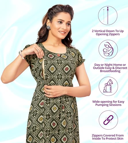 Image of RITIJYA Maternitywear Poly Viscose Straight Feeding Kurtis for Women with Zip | Maternity Dress for Nursing & Pregnancy (9089 40,Energetic Green)