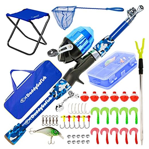 DaddyGoFish Kids Fishing Pole – Telescopic Rod & Reel Combo with Collapsible Chair, Rod Holder, Tackle Box, Bait Net and Carry Bag for Boys and Girls (Blue, 4ft)