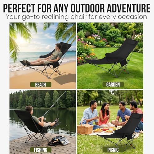 Image of ORILEY Compact Folding Chair with Heavy Duty Metal Frame 3 Adjustable Positions Portable Lightweight Foldable Seat for Outdoor Camping Hiking Fishing Garden Beach Picnic Travelling (Pack of 1, Black)