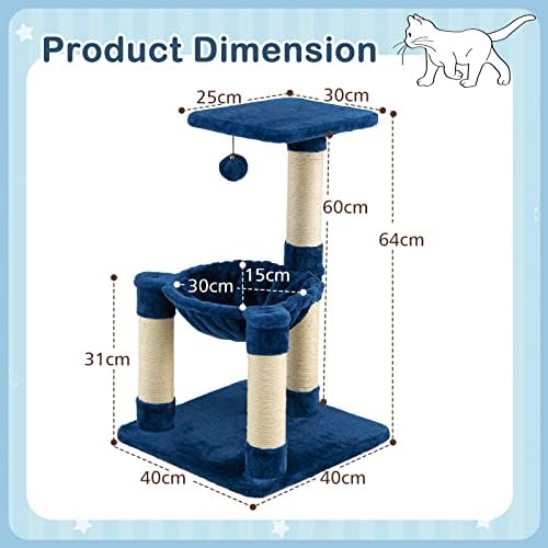 GYMAX Cat Tree Tower, Multi-level Cat Activity Tree with Top Perch, Removable Cozy Hammock, Hanging Fur Ball and Natural Sisal Wrapped Scratching Posts, Indoor Kitten Playground (Blue)