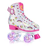 SULIFEEL Rainbow Unicorn Roller Skates for Girls Light up Wheels Kids Quad Skates with High Top Reflective TPU Leather Rainbow Unicorn