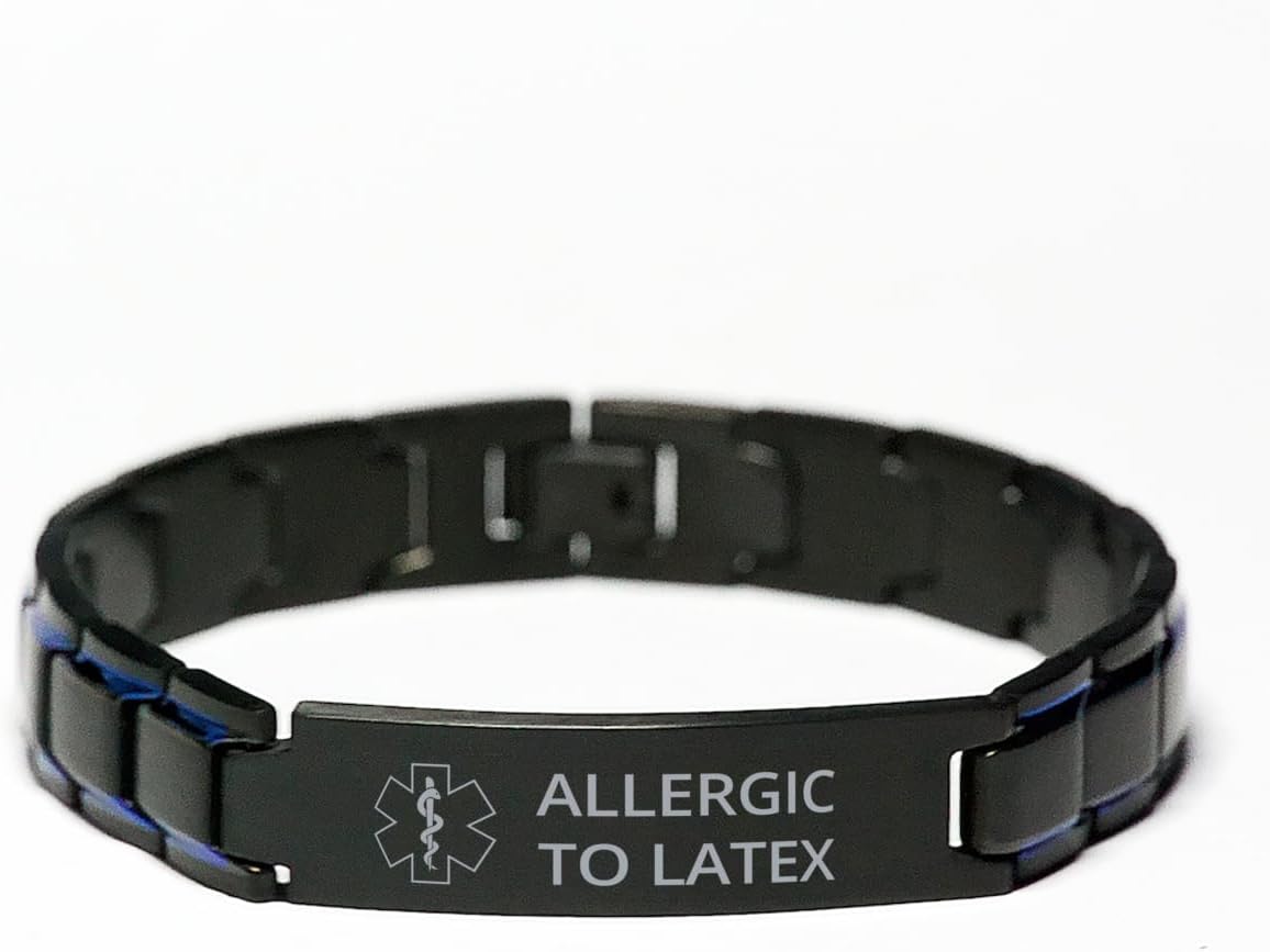 Medical Alert Blue Black Metal Bracelet, Allergic to Latex Awareness, SOS Emergency Health Life Alert ID Engraved Stainless Steel Adjustable Silver Jewelry Bracelet for Men Women