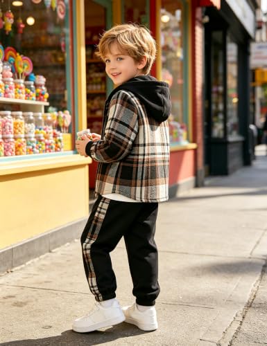 Image of Toddler Boy Clothes Plaid Hooded Shirt White T-shirt Top and Solid Color Pants 3Pcs Winter Boys Clothes