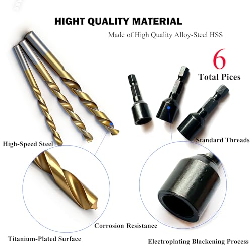 Image of 3 Set(6pcs) Hanger Bolt Driver and Drill,3Sizes Alloy-Steel Driver HSS Twist Drill for 1 /4 inch-20 5 /16 inch-18 3 /8 inch-16 Double Headed Wood Screws Fully All Threaded Rod,Threaded Insert Hexagon Head Bits