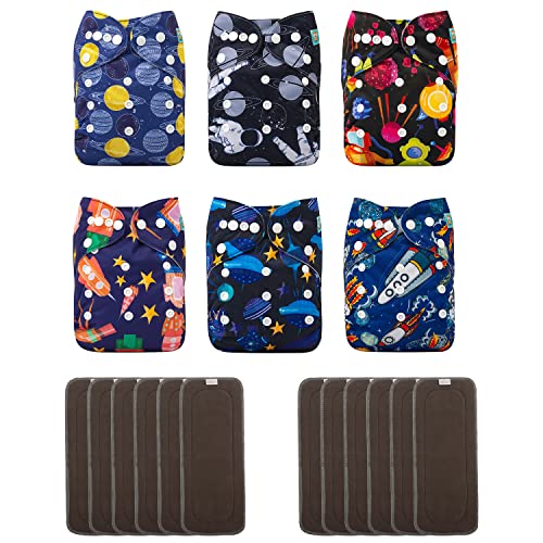 ALVABABY Baby Cloth Diapers/Adjustable Washable Reusable/6 Pack with 12 pcs 5-Layer Charcoal Bamboo Inserts 6DM50-ZTNA