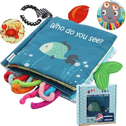 Soft Cloth Crinkle Books Touch Feel Baby Books 0-6 Months for Babies,Infants,Toddlers,Baby Boy Girl Toys 0-3 Months 6 to 12 Months 1-3 Years Old Shower Gifts Box, Sensory Toy Fish Octopus,Teether Ring