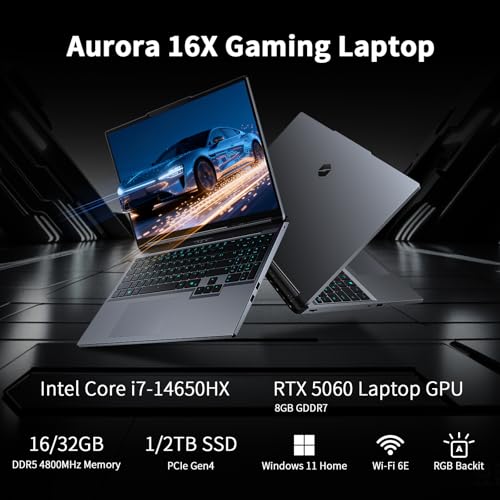 Image of Aurora 16X Gaming Laptop, 16 inch 2.5K WQXGA 180Hz Display 500nits, Intel Core i7-14650HX, Geforce RTX 5060, 32GB DDR5 RAM, 1TB SSD, Wi-Fi 6E, RGB Backlit, Ice Shark Cooling, Win 11 Home