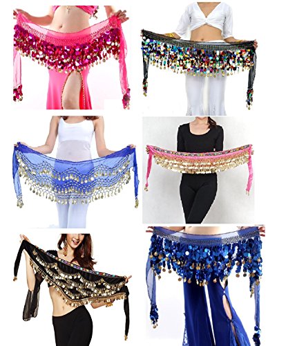 Image of VRITRAZ Women's Chiffon Belly Dance Hip Scarf Waistband Belt Skirt Mixed Colors Beads and Golded Coins 56 Black