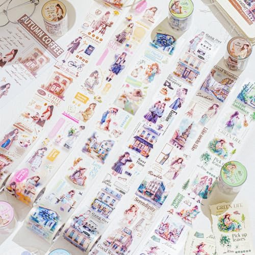 Alideco 6個 マスキングテープ petテープ かわいい 女の子、レトロ女性、ヴィンテージフィギュア、花 50mm幅×2 m巻 PET粘着 テープ 広幅 DIY おしゃれ マステ シール (zouguodejiejiao)