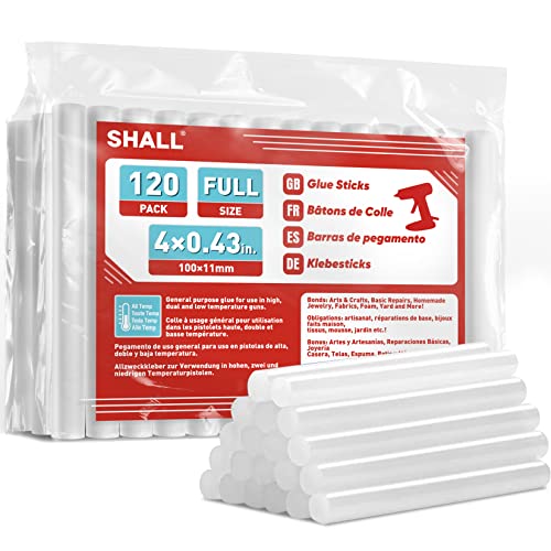 SHALL Full Size Hot Glue Sticks 0.43 Dia x 4 Long 120-pack Clear Hot Melt Glue Gun Sticks for All-Temp Glue Guns Multipurpose for Kids Adults DIY Art Craft Sealing Repairing Festival Decoration
